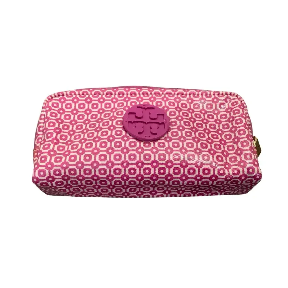 Tory Burch Pink Geometric Logo Cosmetic Case Makeup Bag Travel Pouch D23-4